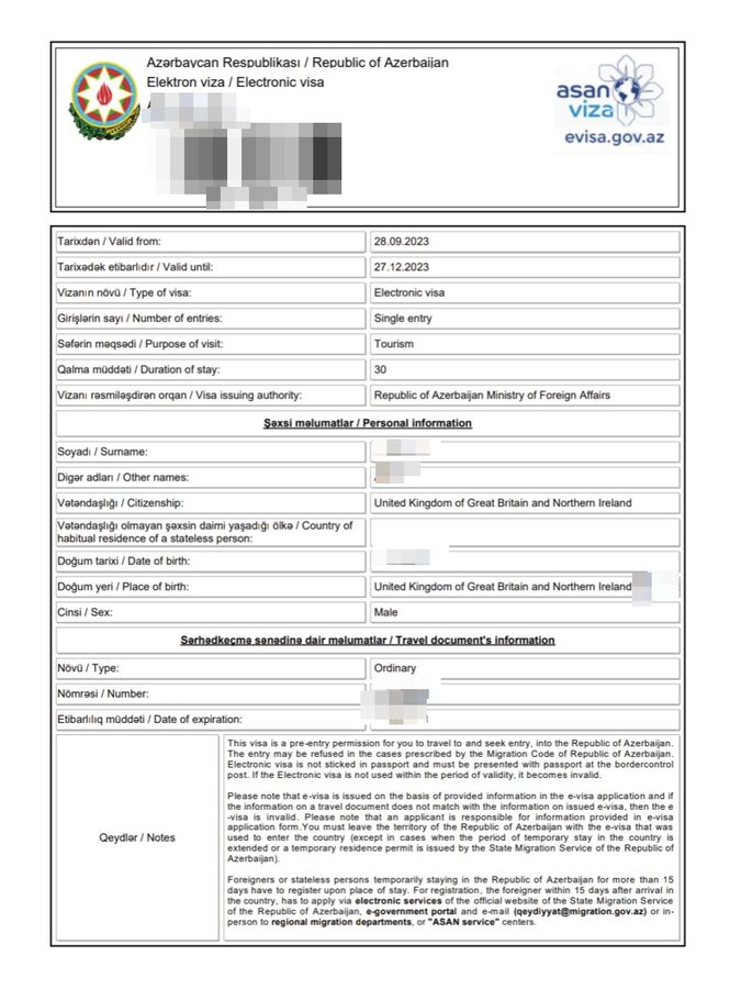Sample of an approved Azerbaijan electronic visa document issued by evisa.gov.az