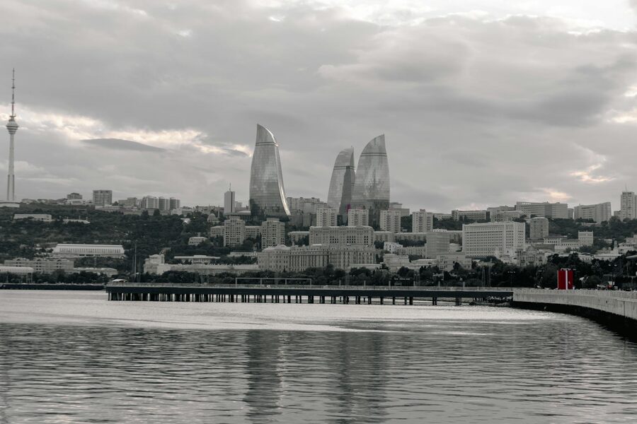 Baku skyline with the Flame Towers and Caspian Sea waterfront, Azerbaijan