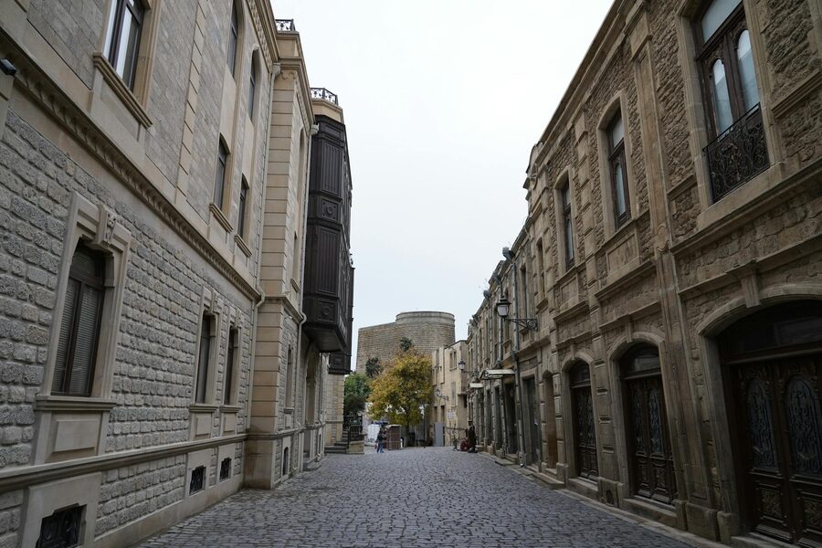 Cobblestone street in Baku's Old City with traditional stone buildings